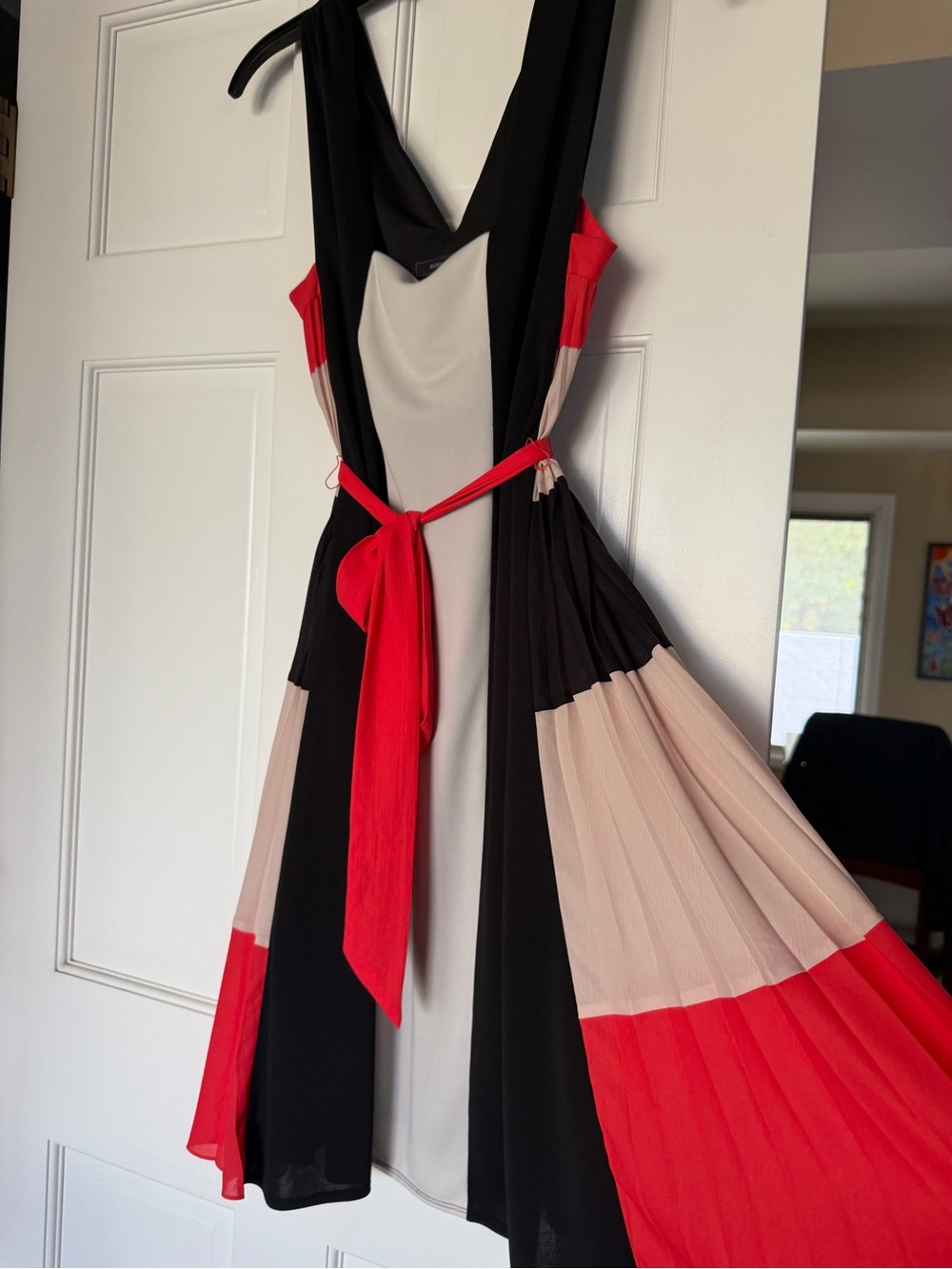 BCBGMaxAzria Black, Red, Cream Colorblock Pleated Midi Dress